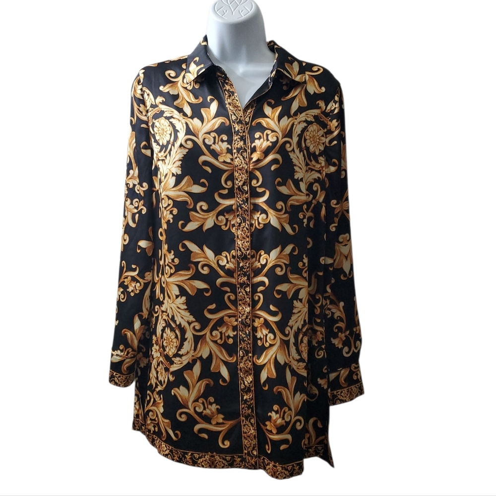 Chicos Womens Ornate Scroll Print Longsleeve Tunic Button Front Blouse NWT